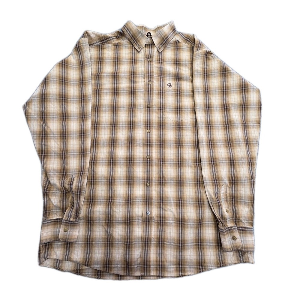 Ariat Pro Series Button Down Long Sleeve Brown Plaid Mens XL tall Shirt Retro